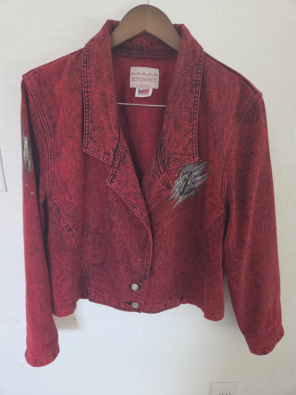 Vintage Sundance Red Acid Wash Hand Painted Denim Jacket Art Wear USA Large